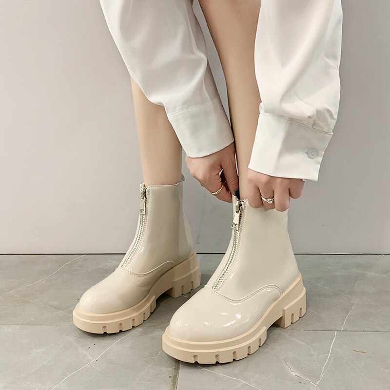 Herfstlaarzen dames witte glanzende leren gothic schoenen enkellaarsjes dames winter rits platform zwarte laarzen warme pluche sneeuwlaarzen