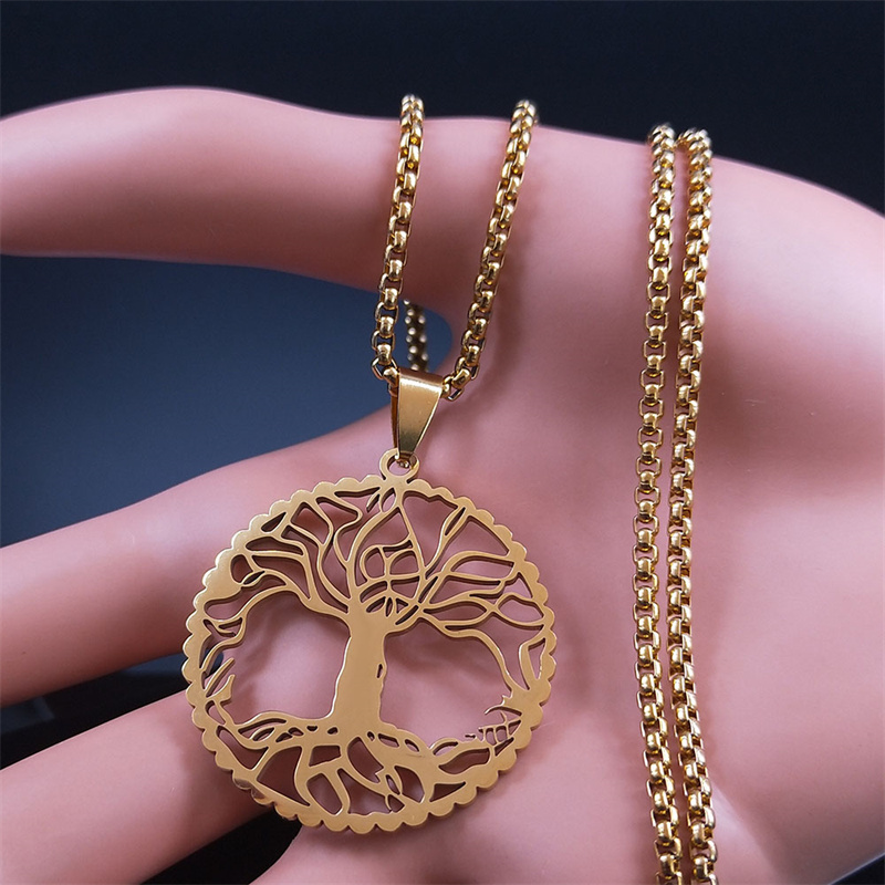 Levensboom Halsketting Voor Dames Heren Roestvrij Staal Goudkleurige Hanger Kettingen Amulet Sieraden Cadeau N3397GDS01