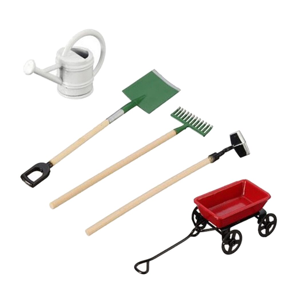 1/12 gieters + karretje + schep hark set poppenhuis tuin model