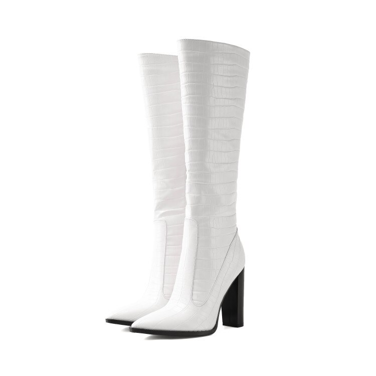 Bottes hautes pointues et épaisses à talons hauts pour femme, chaussures européennes et américaines, noires, blanches, grandes 43, sexy, hiver: white / 39