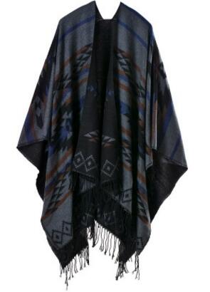 Écharpe ethnique Poncho femme | Bohème, imprimé, sculptures de couverture dame en tricot, châle gland Cape épaisse Pashmina, automne hiver: Gris foncé