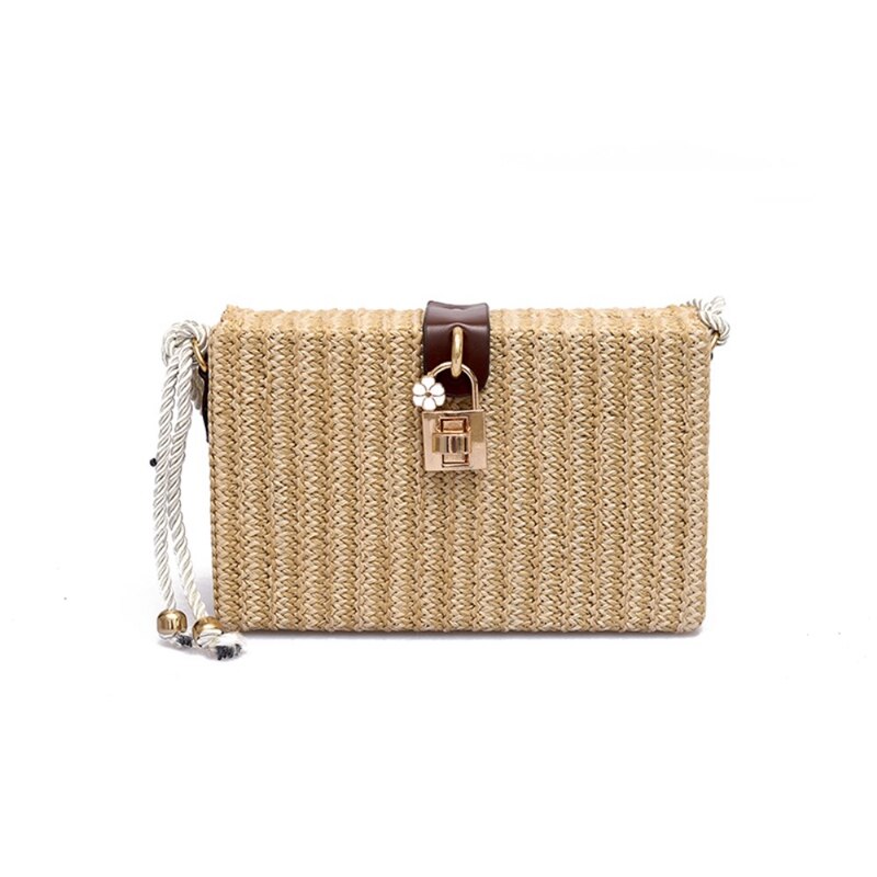 Strand rektangel boks bag rotting strå crossbody vesker bohemia veske shouldbag oss: Khaki