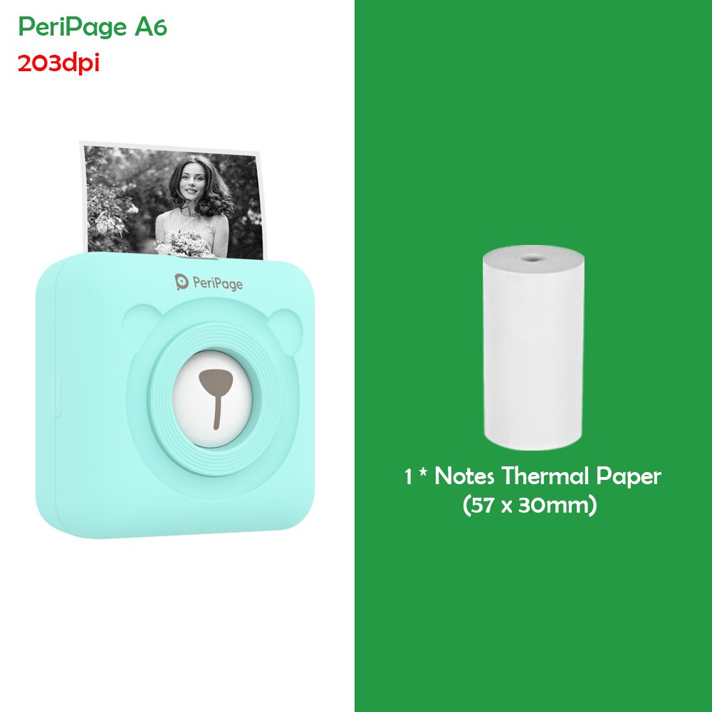 Stampante termica portatile Peripage A6 mini stampante termica tascabile per foto in carta da 203DPI stampante Bluetooth senza fili da 58mm: menta verde