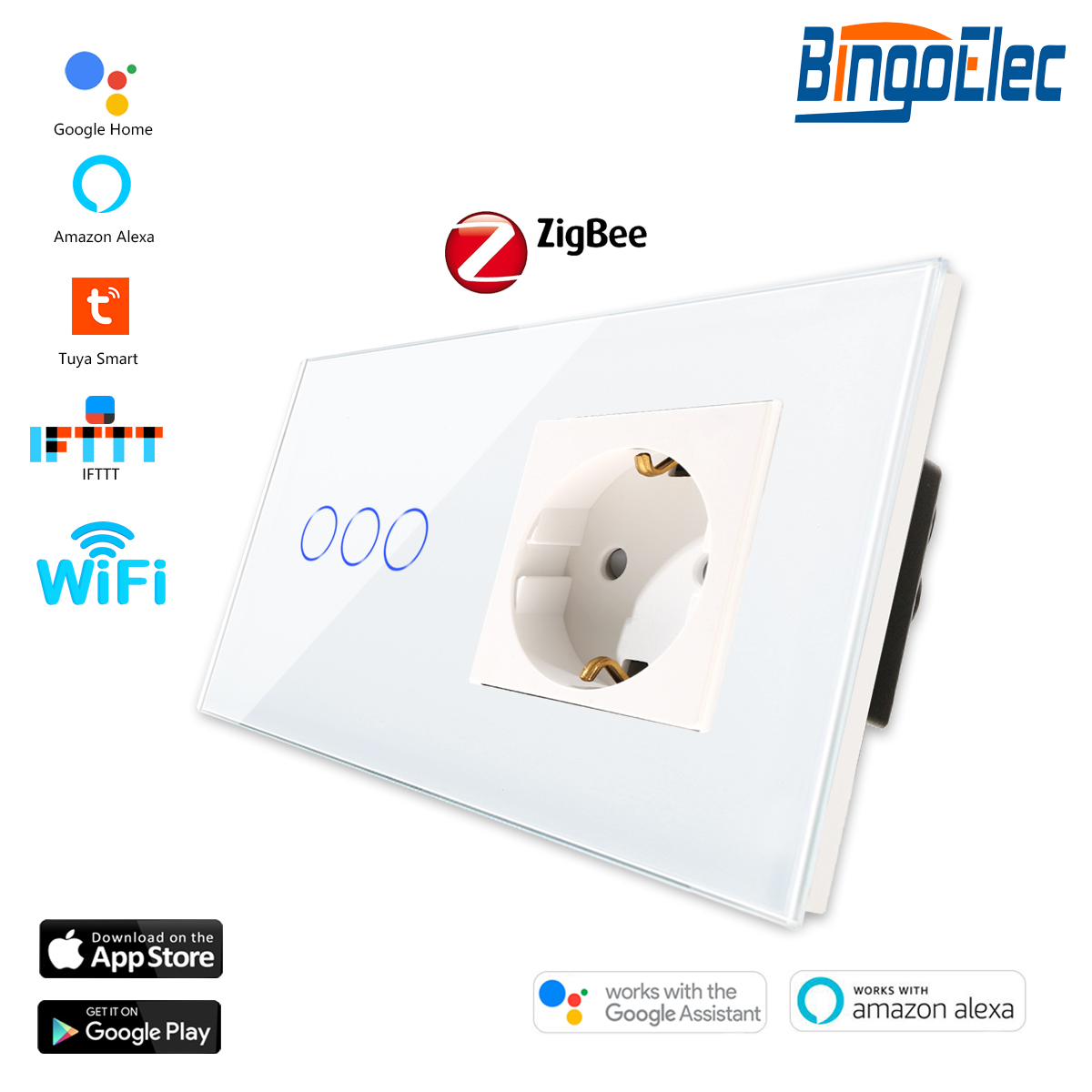 Bingoelec ZigBee Touch Switches 1/2/3Gang Smart Light Switch Google Alexa App Control with EU Standard Wall Socket: White 3gang