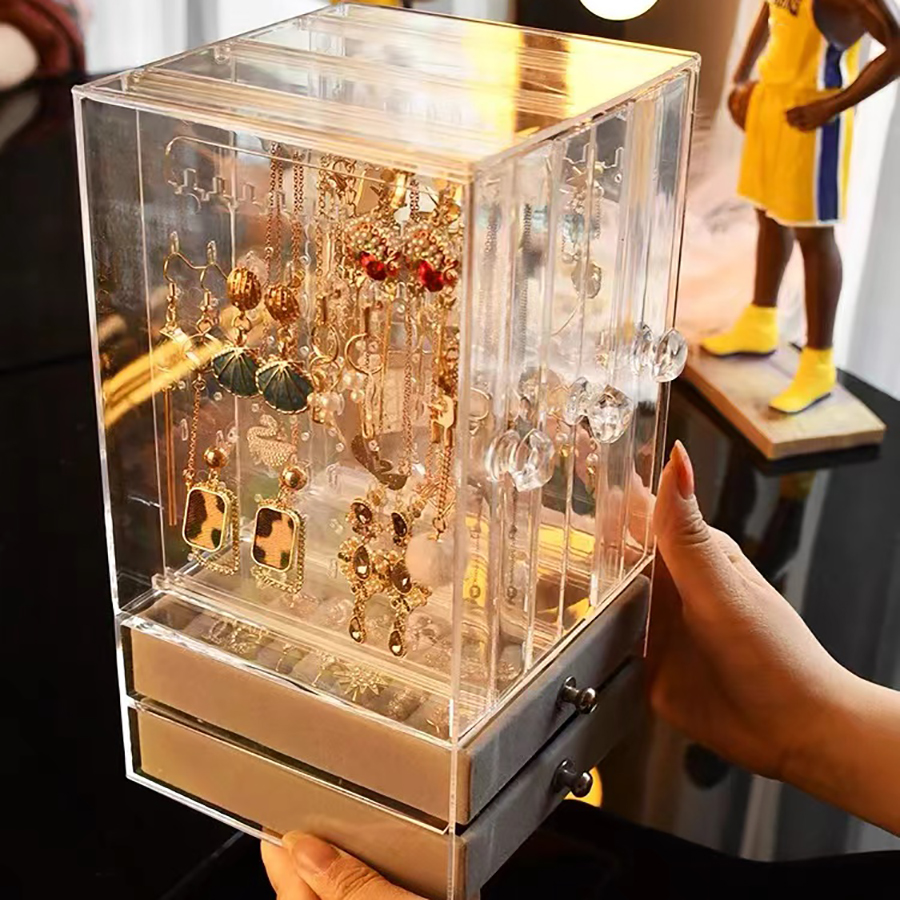 Vetrina trasparente per orecchini e collane, custodia in plastica Vintage ▾ con cassetti per bracciali, anelli e accessori