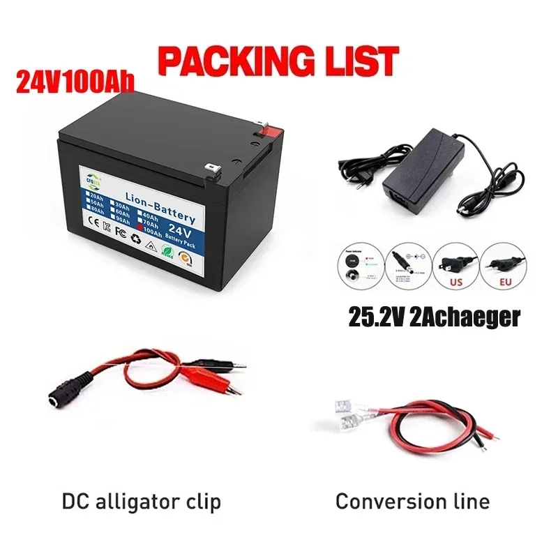 18650 24 V 100Ah Lithium Ion Batterij, voor Elektrische Voertuig Solar Opslag Vervangende Oplaadbare Batterij + Oplader