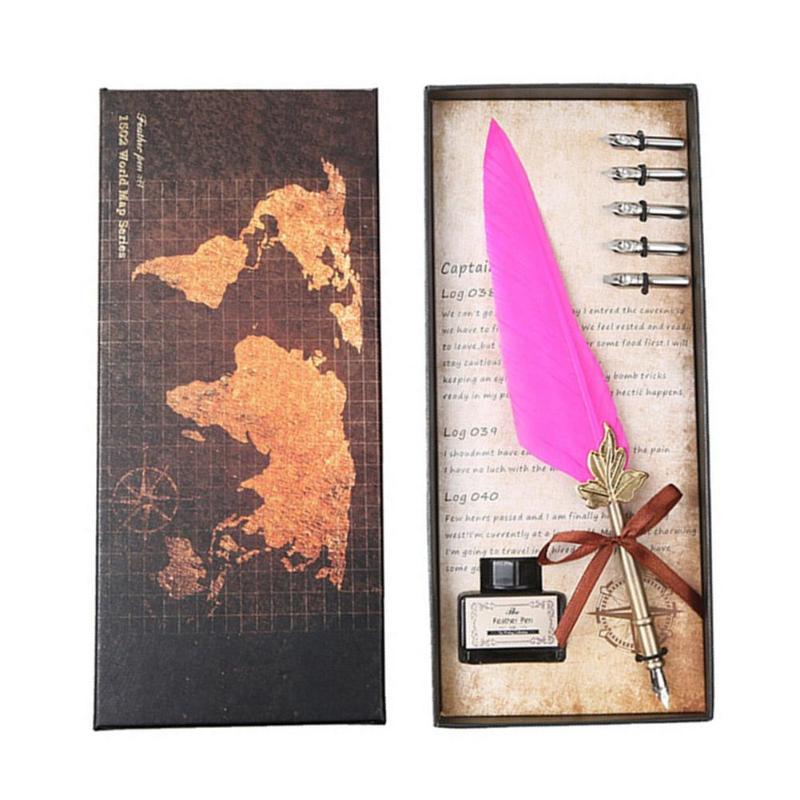 1set Retro Vintage Calligraphy Feather Dip Pen Writing Ink Set Stationery Quill Fountain Pens Vintage Pen