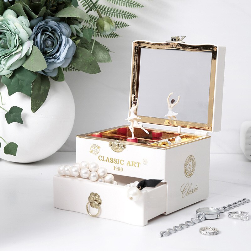 Heart Shape Dancing Ballerina Music Box Classical Violin Square Jewelry Box Spin Dancing Girl Music Box: White