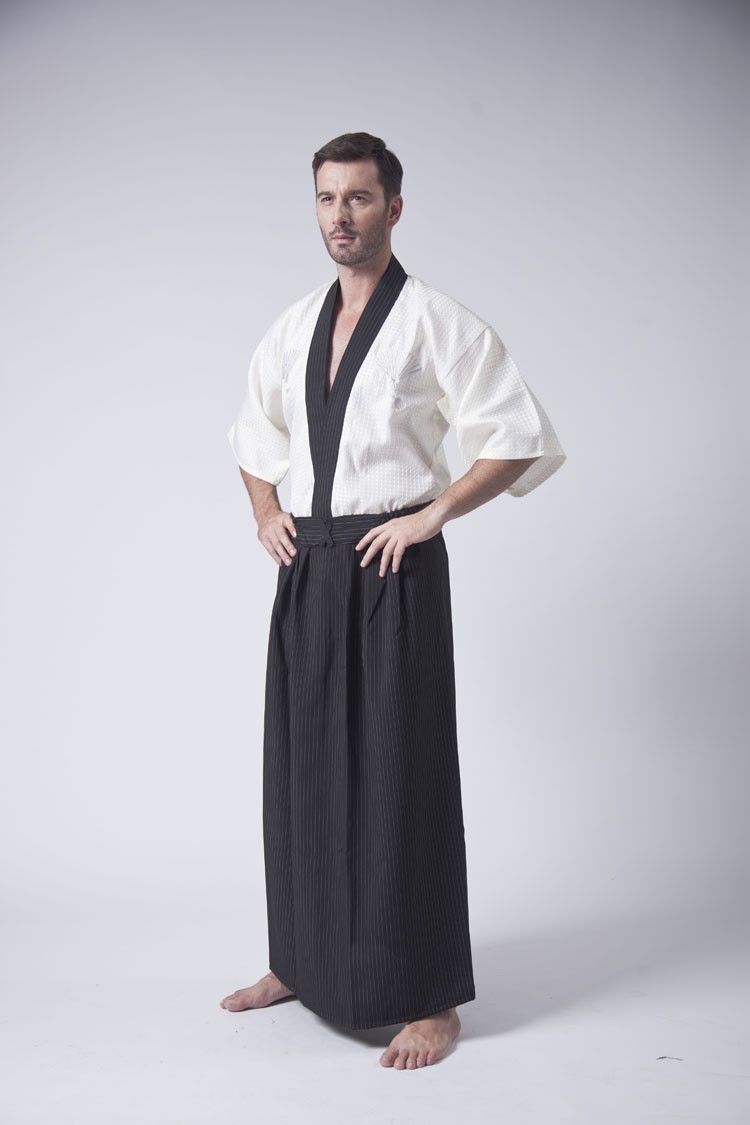 Japanese Kimono Robe Suit Men Yukata Samurai Clothing Karate Costume Black White