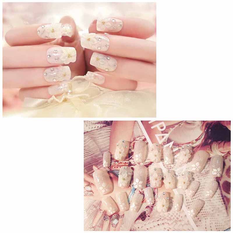 24 pièces rose mariage mariée ongles complets conseils avec colle fleurs brillant 3D diamant strass faux Nail Art Tool: FP