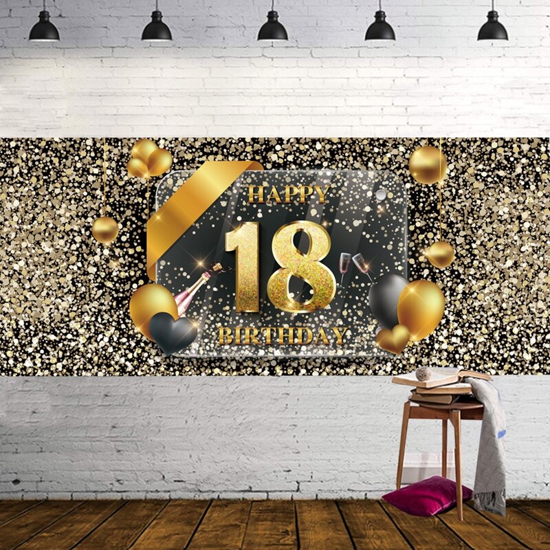Happy Birthday Backdrop Banner Large Black Gold Balloon Star Poster Booth Backdrop Birthday Photo Background Wall Party Decor