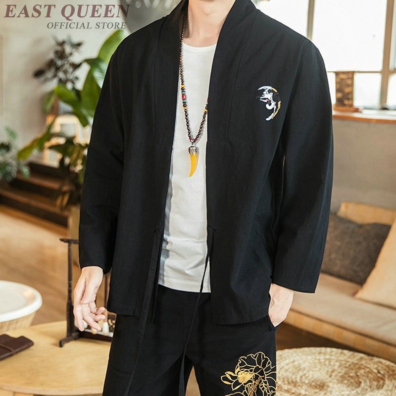 Kimono japonés Cárdigan para hombre Yukata, camisa de estilo chino, traje Samurai bordado con Grulla, ropa asiática Haori KK2946