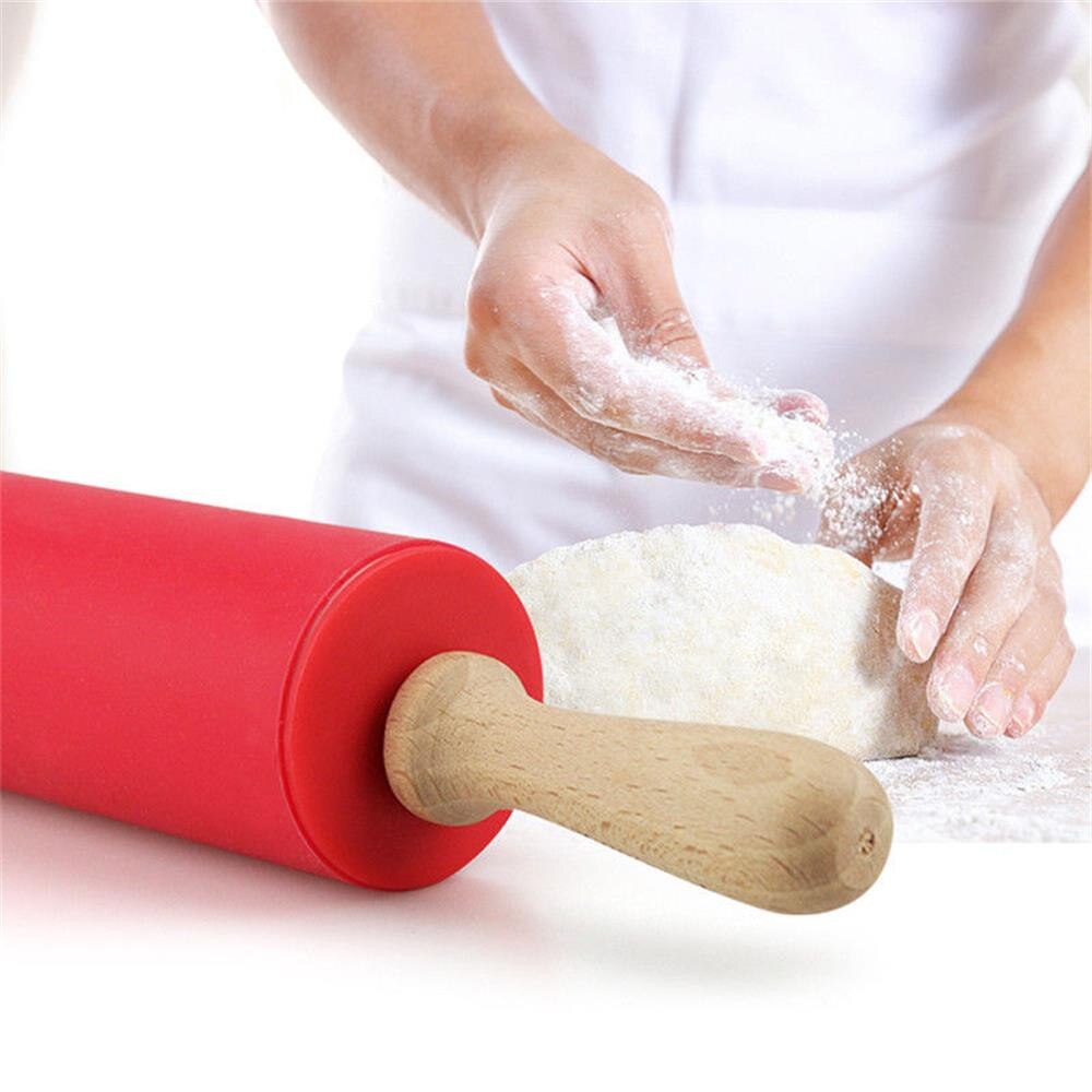 Non-Stick Silicone Rolling Pin Wooden Handle Pastry Dough Flour Roller Kitchen Cooking Baking Tool For Pasta Cookie Dough