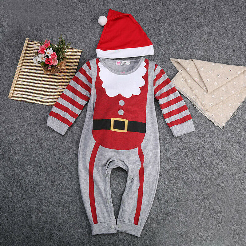 Newborn Unisex Kid Boy Girl Rompers Christmas Striped Long Sleeve Print Jumpsuit Romper Xmas Outfit Set