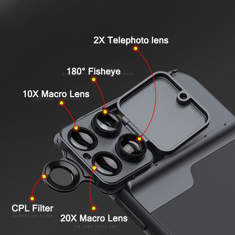 5 In 1 Telefoon Lens Kit 20X 25X Super Macro Lens Cpl Fisheye 2X Telelens Case Voor Iphone 12 pro Max/11 Pro Max Mini