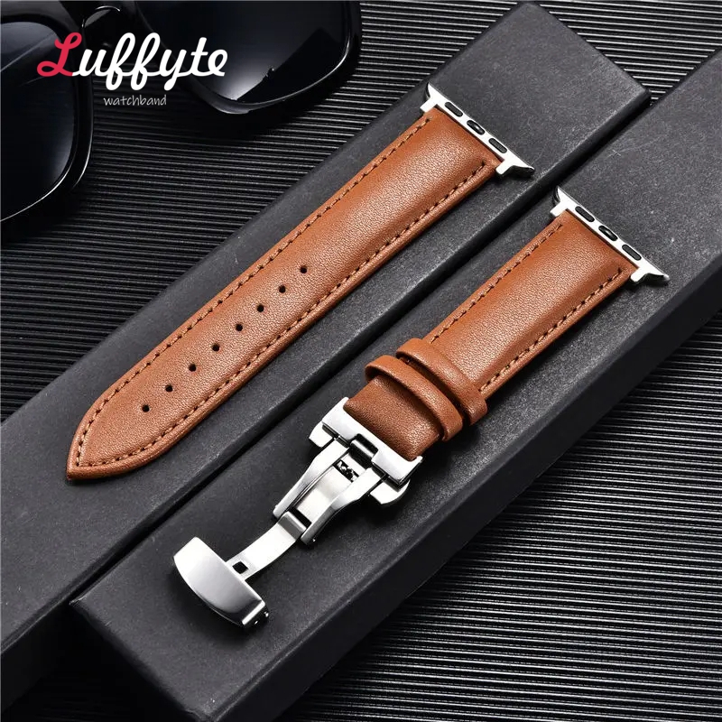 Bracelet de montre en cuir pour Apple Watch Ultra 9 8 7 6 5 4 3 avec fermoir papillon pour Iwatch 38mm 40mm 41mm 42mm 44mm 45mm 49mm bracelets: Charbon noir / 14mm