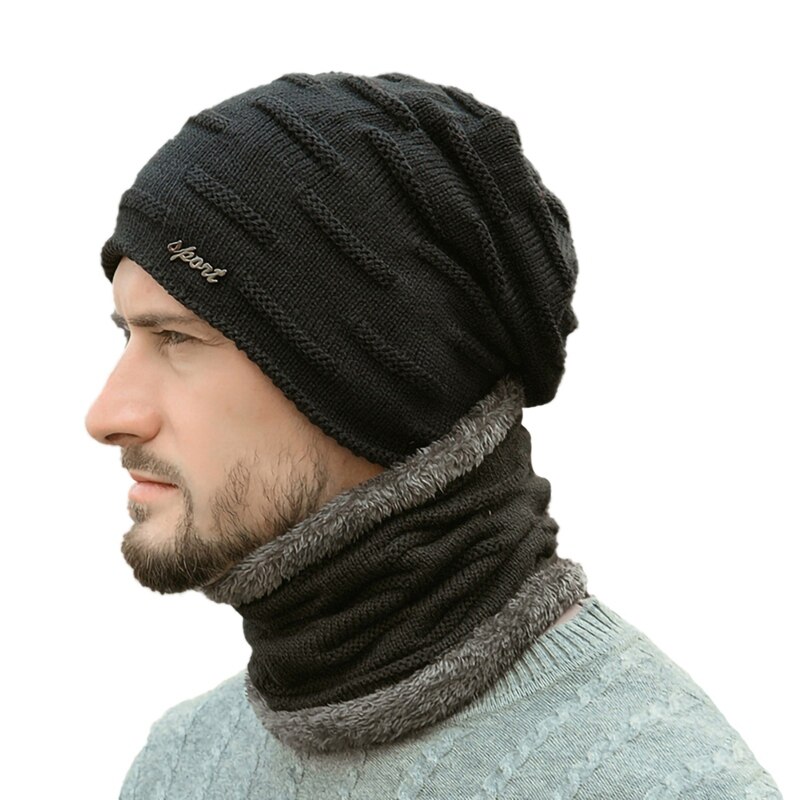 Ærter hat vinter tyk varm fluffy strikket hat hals varm hovedbeklædning ansigtsmaske.: Sort