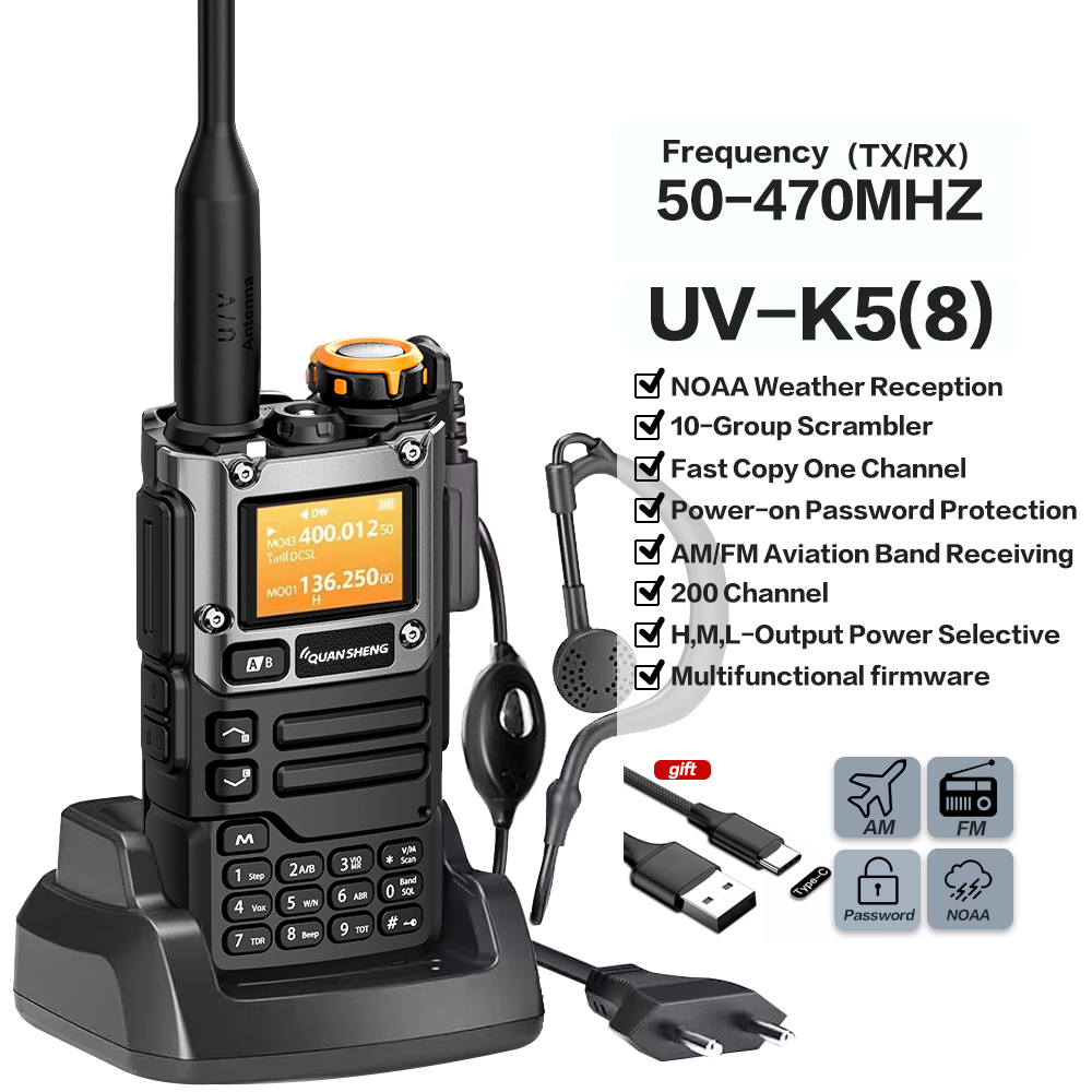 Quansheng uv -k6 walkie talkie 5w air band radio type c charge uhf vhf dtmf fm scrambler noaa wireless frequency two-way cb radio