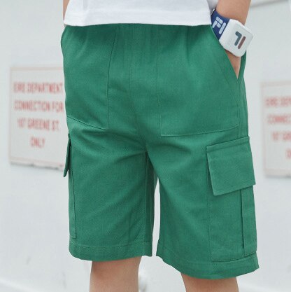 Pantalon Cargo décontracté en coton pour garçon, avec poches, couleur unie, taille élastique, longueur aux genoux, été 2022: Green / 7T
