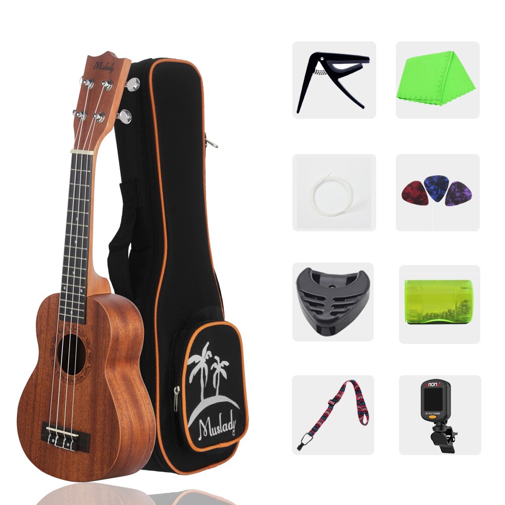 Muslady 21 Inch Soprano Ukulele Mahogany Wood with Carry Bag Strap Strings Tuner Cleaning Cloth Guitar Musical Instruments: As picture
