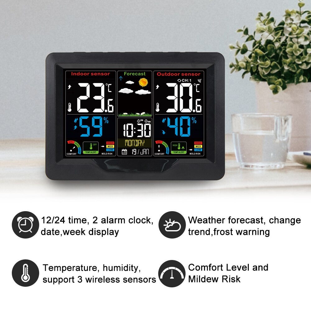 FanJu-estación meteorológica Digital FJ3383C, reloj con pantalla a Color, barómetro, termómetro, higrómetro, Sensor al aire libre con tendencia de riesgo de moho