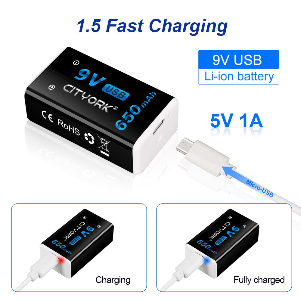 9V Li-ion Rechargeable Battery 650mAh micro USB 6F22 9v Lithium Battery for Microphone RC Helicopter Model Multimeter