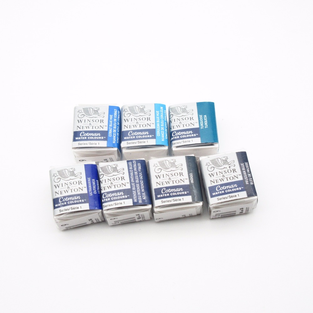 Winsor & newton cotman solid akvarellmaling halvpanne 40 farger blå akvarellpensler