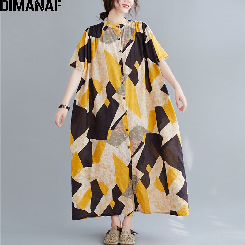 Dimanaf plus size vestido feminino algodão estampado verão vestido de verão roupas casuais senhora vestidos botão solto cardigan camisa vestido 5xl