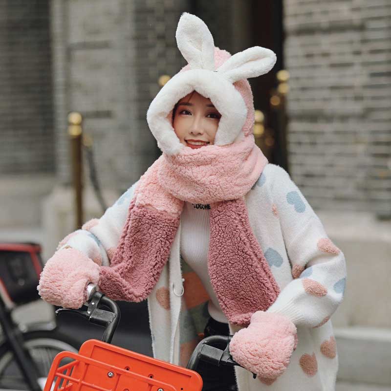 Nyeste baby forældre-barn søde kanin øre fløjl vinter dobbelt lag hat + tørklæde + handsker halsvarmer jakkesæt til barn voksen: B-voksen