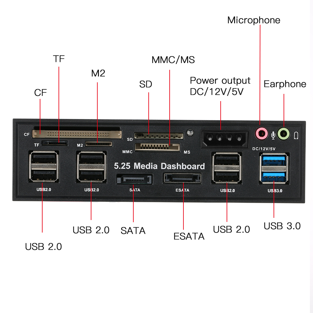 Multi-Function USB 3.0 Hub eSATA SATA Port Internal Card Reader PC Dashboard Media Front Panel Audio for SD MS CF TF M2 MMC Memo: Default Title