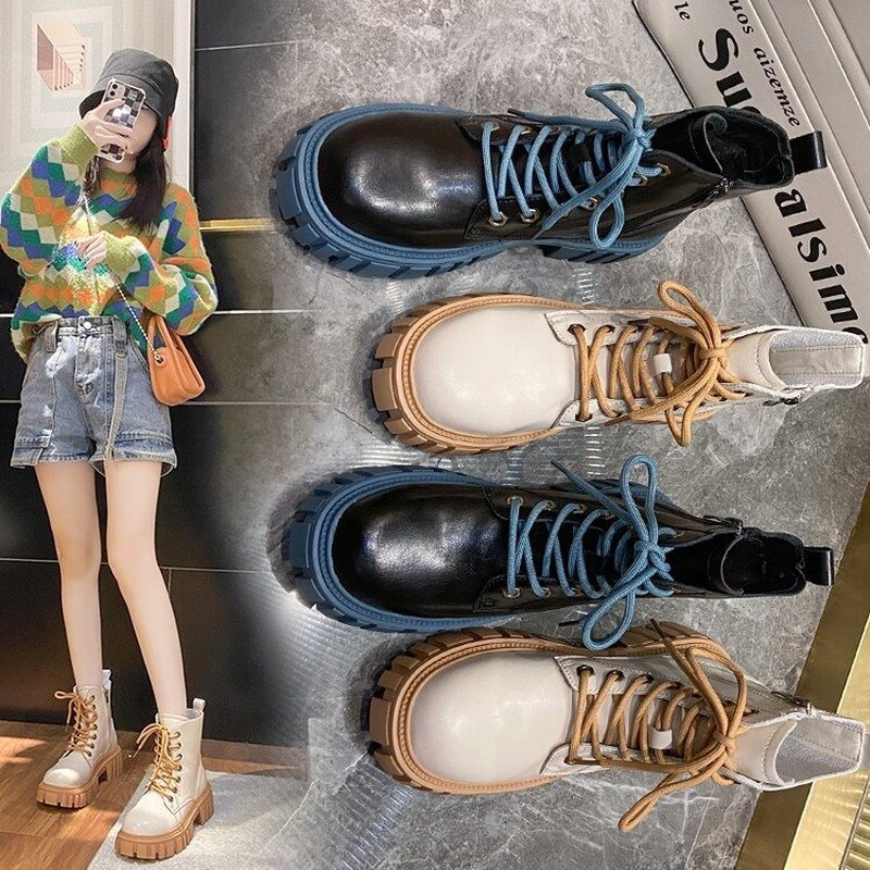 Botas Martin de fondo grueso para mujer, botines con cordones de estilo británico, a la , Otoño e Invierno