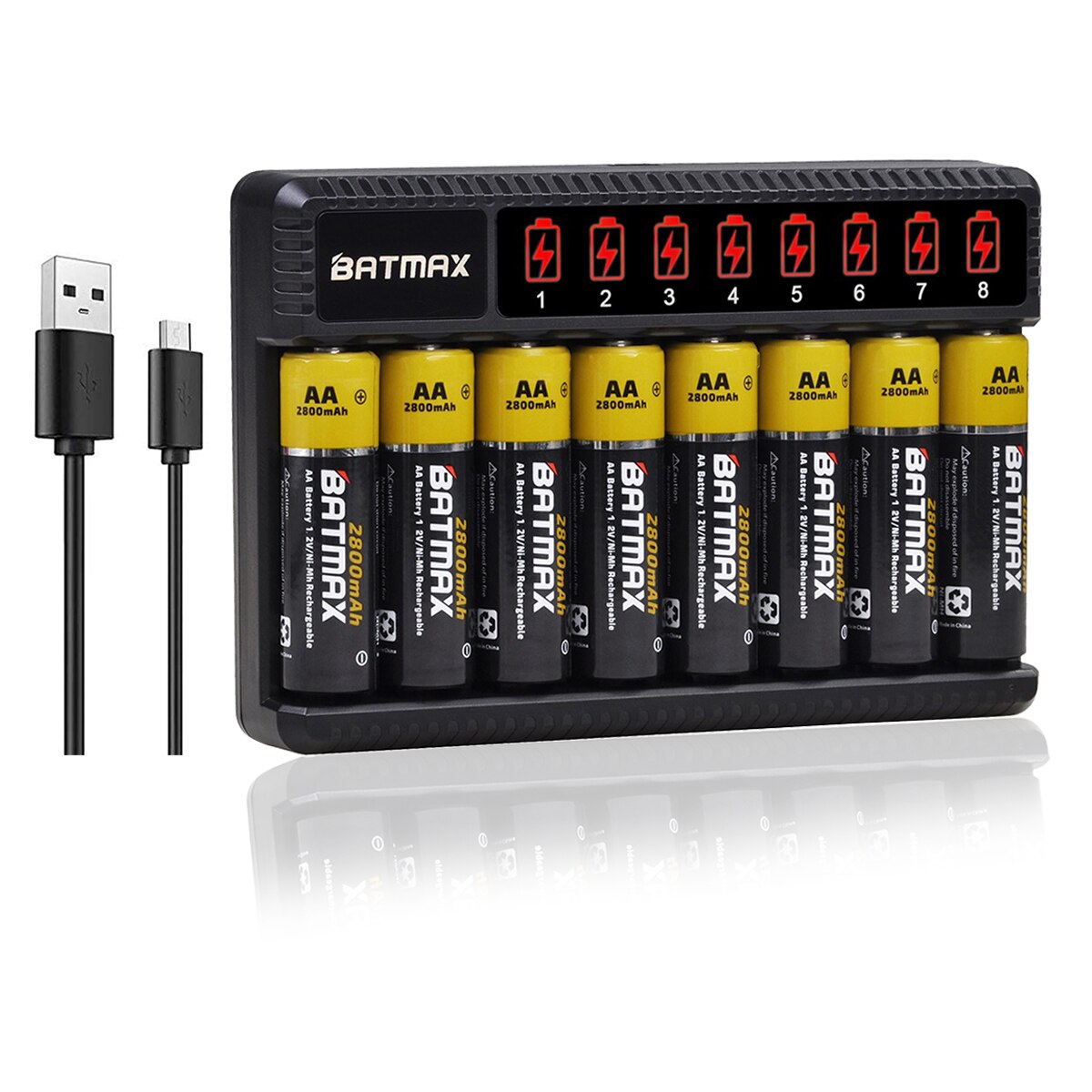 1.2v nimh aa batteri aa aaa oppladbart batteri  + 8- spor lader til lommelykter, fjernkontroller, lekebatteri