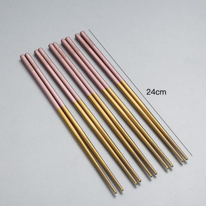 WORTHBUY 5 Pairs Juego de coloridos palillos chinos de acero inoxidable 304 para palillos de comida de Sushi palillos chinos reutilizables antideslizantes: 24cm Pink