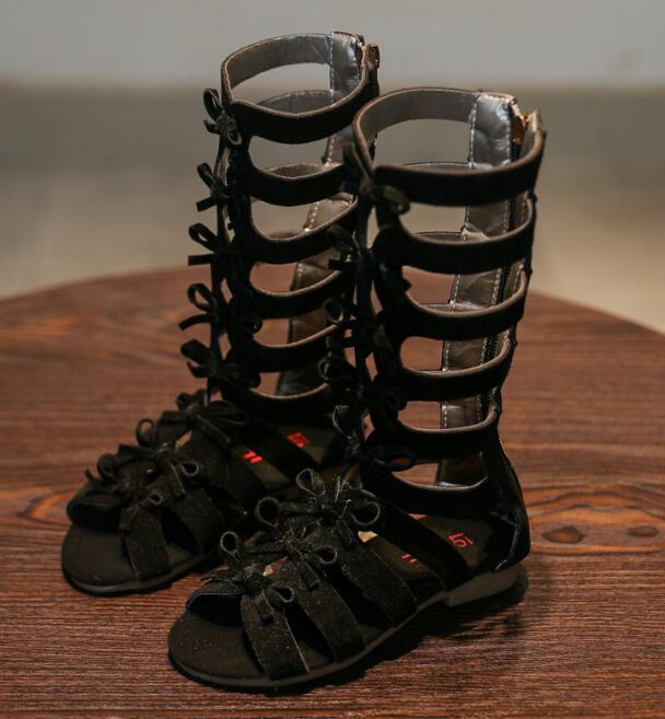 été gladiateur bottes haut filles romaines sandales avec nœud papillon, 2 couleurs, taille 26-35: Black / 8