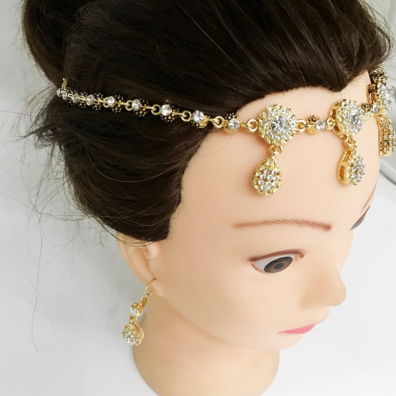 Algerijnse Handgemaakte Sieraden Kristal Bruiloft Haar Accessoires Metalen Hoofddeksel Sieraden Set Hoofd Ketting En Oorbellen Water Shape: Puur Goud Kleur