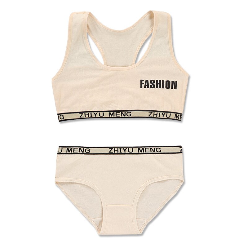 Teen Bra and Panties Set 10 Teenage Clothes Kids Sport Underwear Training Bra for Girls 8-14Y Adolescente Child Underwear 12: Beige
