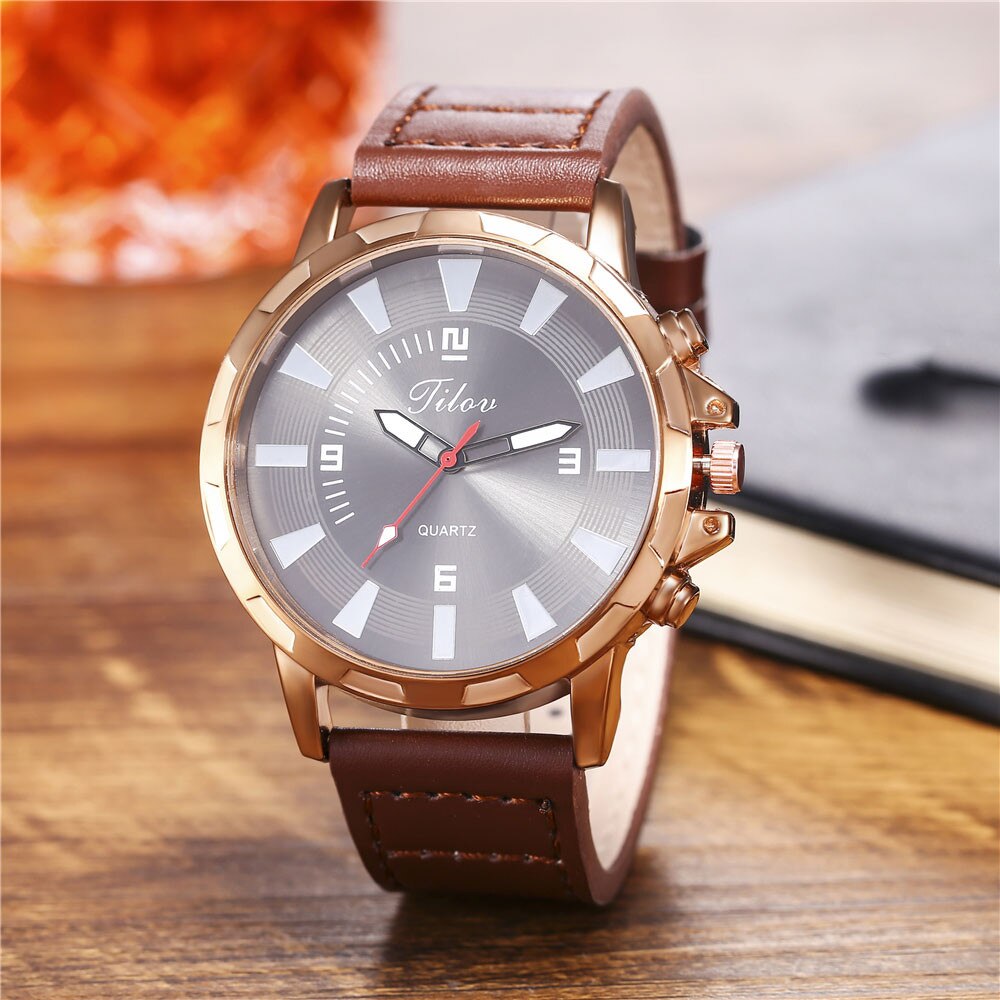 Dubbele Schaal Heren Horloges Grote Zwarte Wijzerplaat Zaken Horloge Voor Mannen Lederen Band Polshorloge Mode Quartz Horloge Montre homme