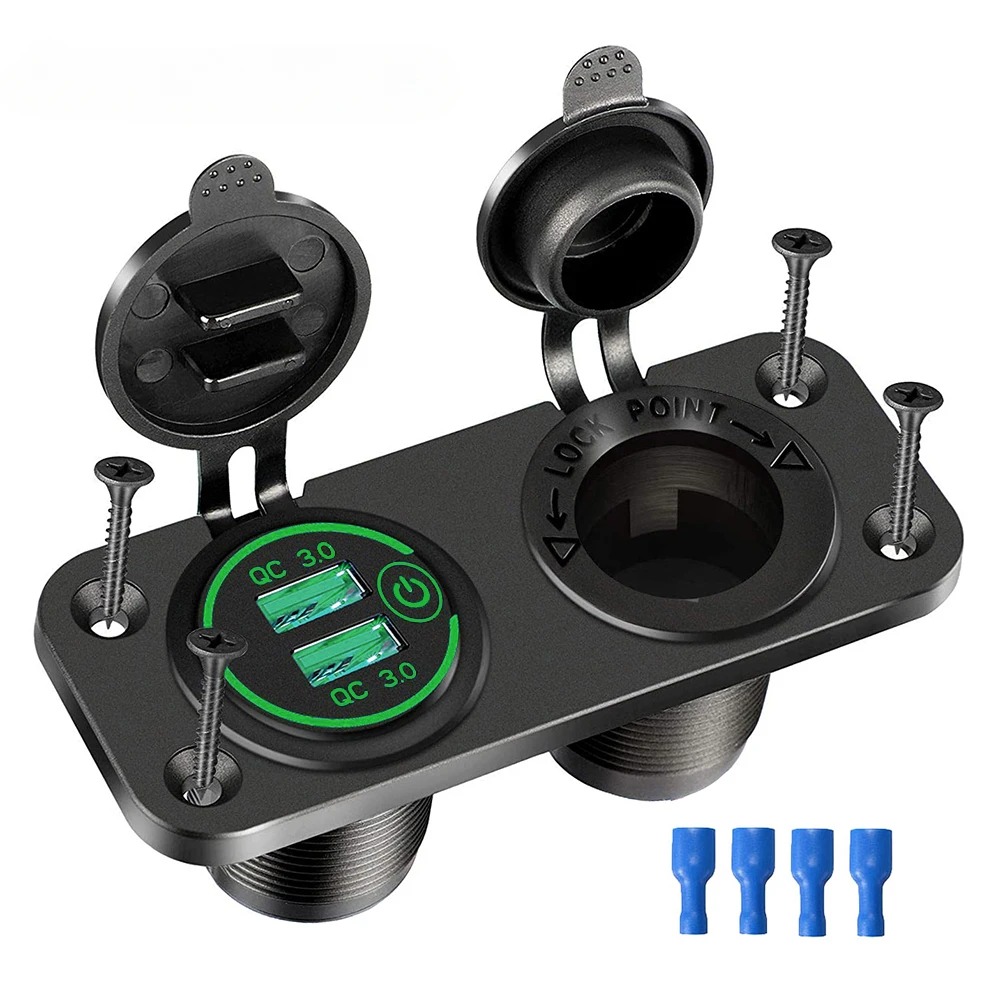 Panel de enchufe USB de 12V, carga rápida 3,0, 20W, doble PD, USB C, adaptador de encendedor de cigarrillos para coche, barco, RV, motocicleta: Verde