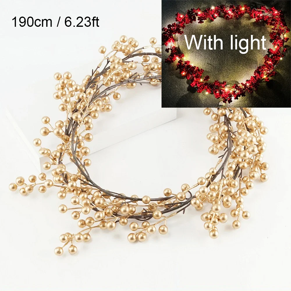 5.9ft/180cm Rode Bessen Kerstslinger Optionele verlichting Goud Zilver Bes Kunstmatige Garland Kerstdecoratie voor Nieuwjaar: Licht Groen