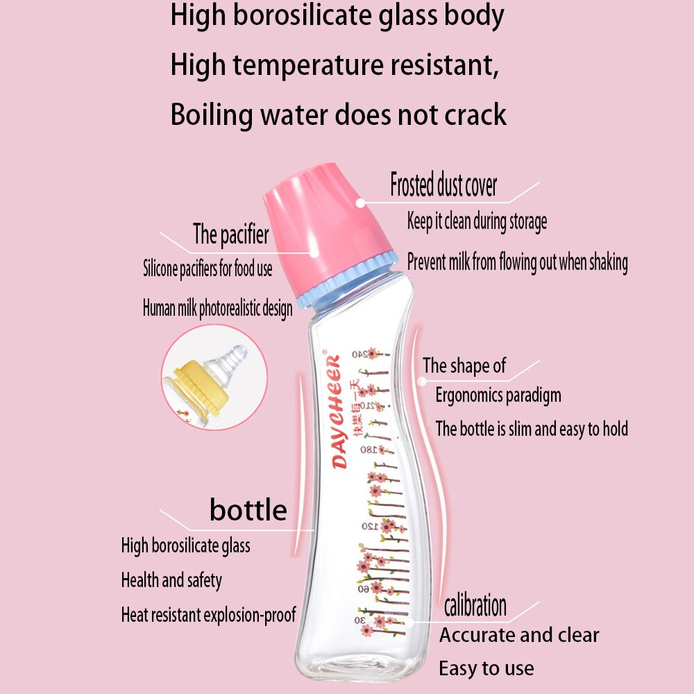 Biberón de borosilicato para bebé, botella de vidrio con etiqueta, pezón de leche para madre y bebé, 150/240ml