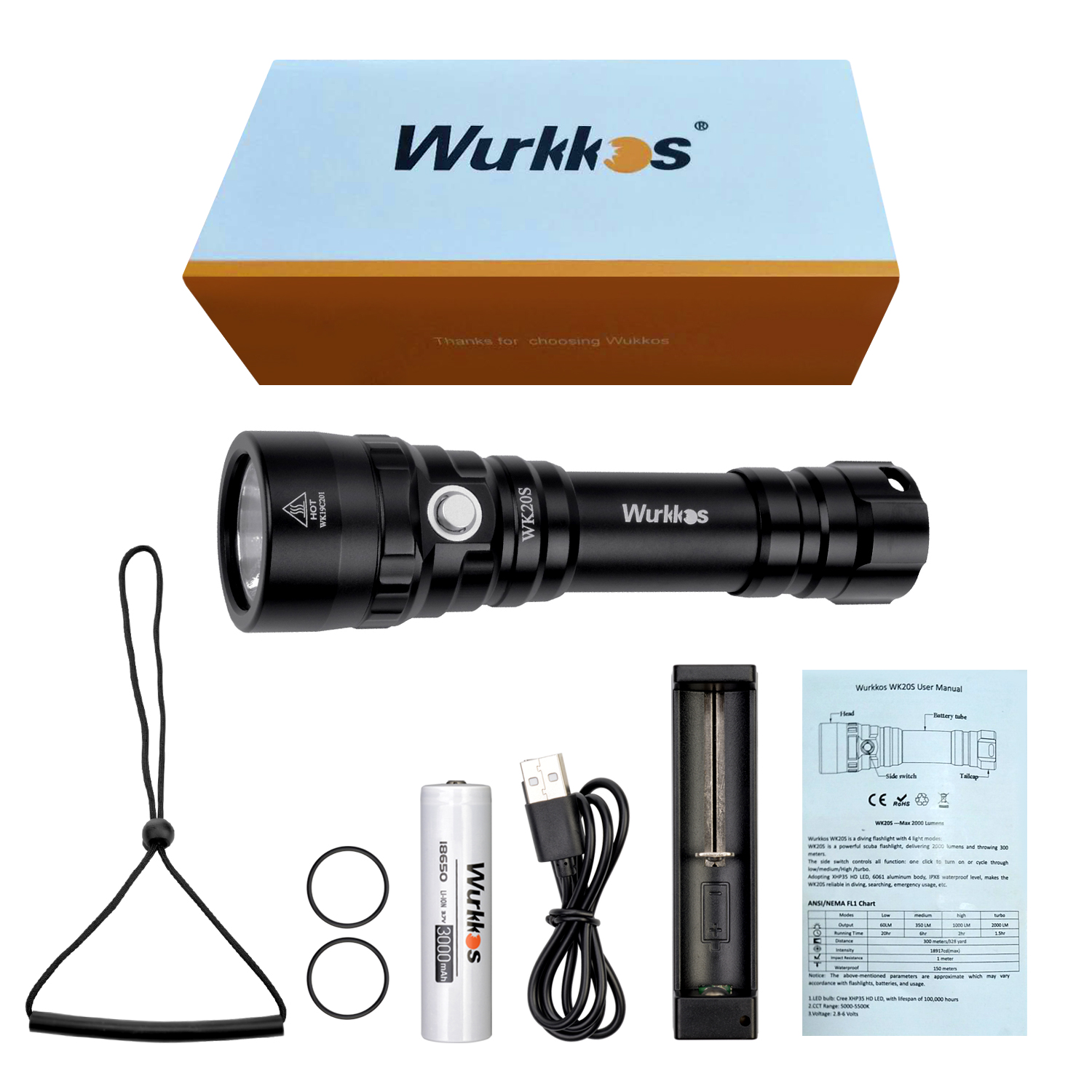Wurkkos  wk20s kraftig dykkerlommelykt ipx 8 vanntett dykkerlys oppladbar maks 2000 lumen sst 40 hd ledet 4 moduser