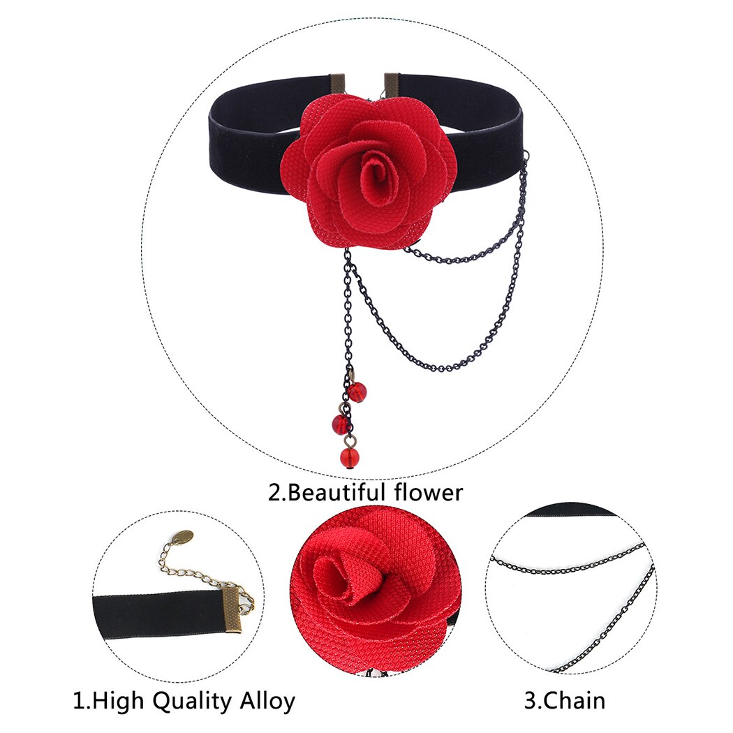 Red Rose Black Choker Flower Chain Decor Choker Necklace Gothic Choker for Women Halloween Nightclub Party Accessories