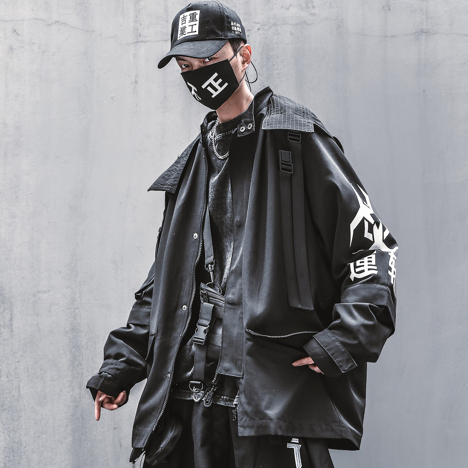 Techwear – veste Kanji à capuche pour homme, Streetwear japonais, coupe-vent, à la