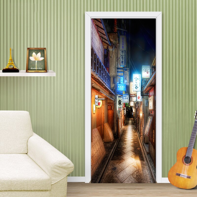 Prosperous World Street Decoration Door Stickers Bedroom Home Decoration Self-Adhesive Two-Piece Signature Night View Waterproof: 95x215cm