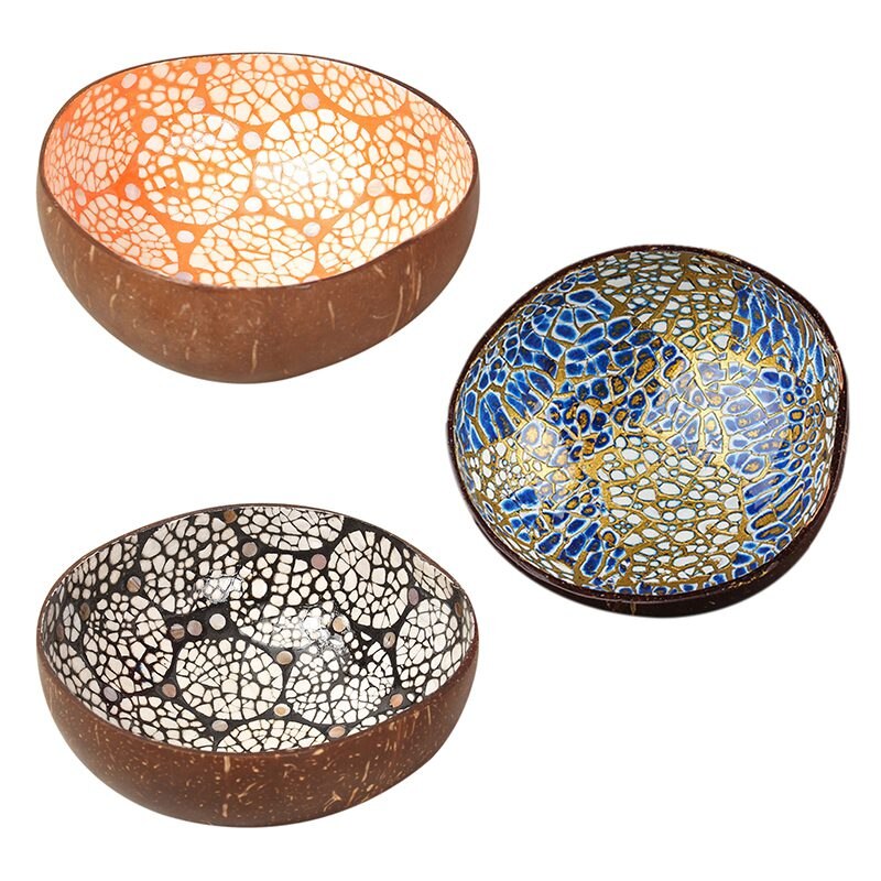Platos de cáscara de coco Natural hechos a mano pintura decoración artesanal Vintage