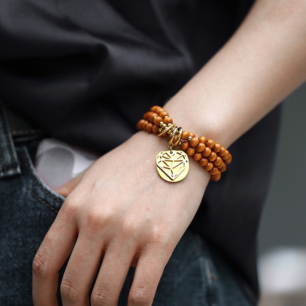 Graveren bedel hart liefde hanger armband dames heren houten meerlaagse houten streng kralen armband bohemien zomer  db284