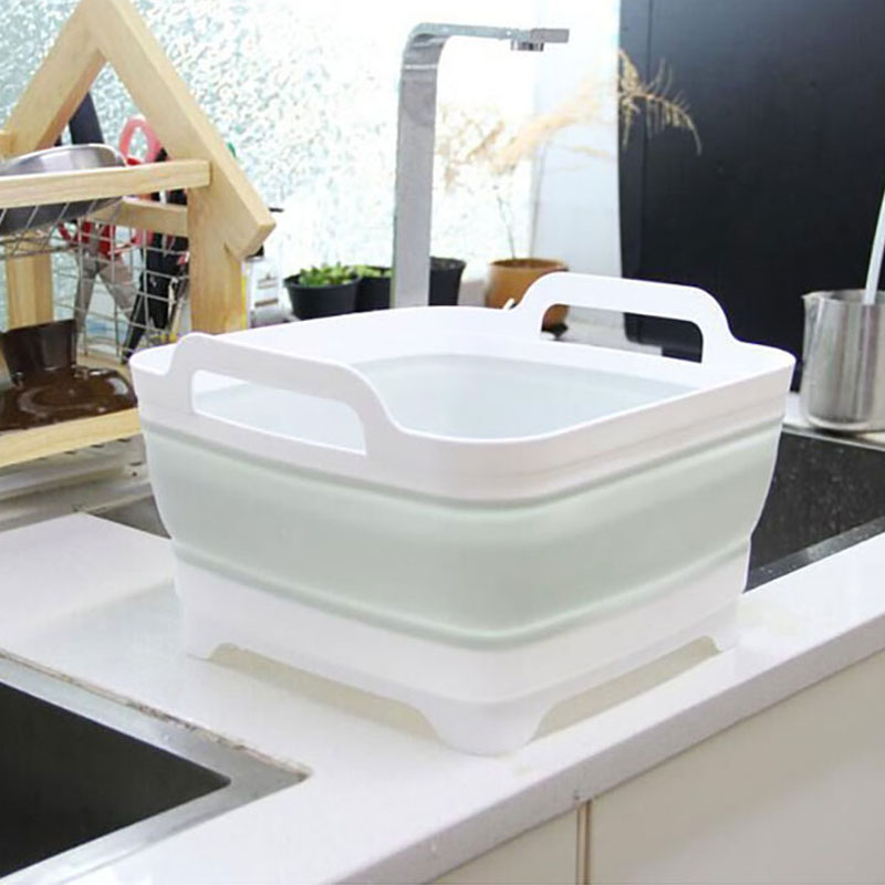 Bærbar sammenklappelig spand sammenklappelig vask udendørs rejse sammenklappelig camping håndvask frugt bassin skål vask husholdnings rengøringsværktøj: Lysegrøn