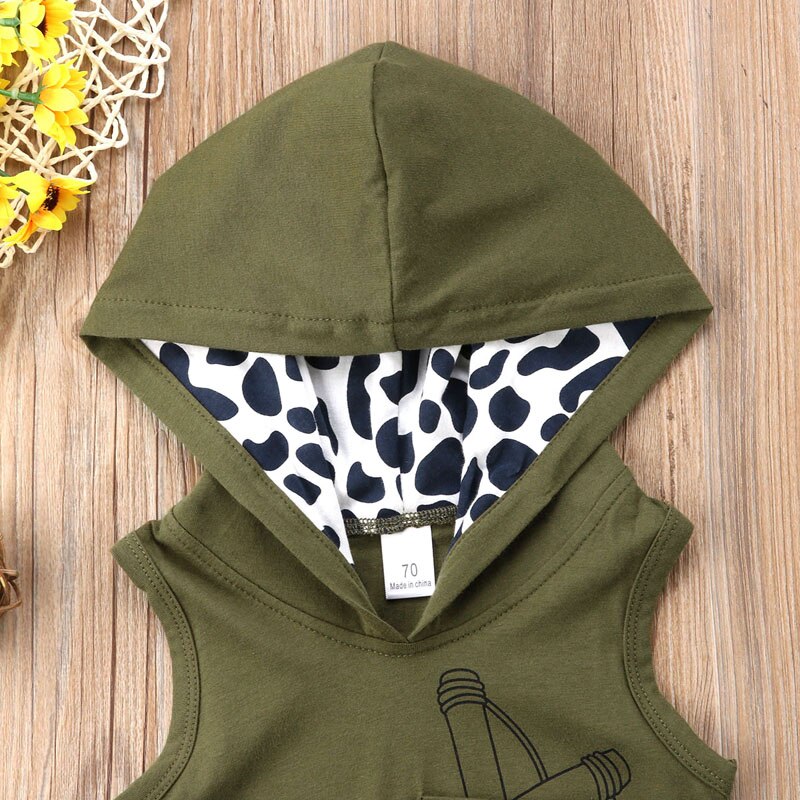 Wallarenear 0-24M Casual Toddler Newborn Baby Boy Romper Green Sleeveless Cotton Leopard Hooded Jumpsuit Clothing