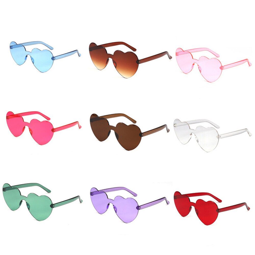 Gafas de sol con forma de corazón de amor para mujer, montura sin montura, tinte transparente, lentes coloridas, rojo, rosa, amarillo, tonos de viaje