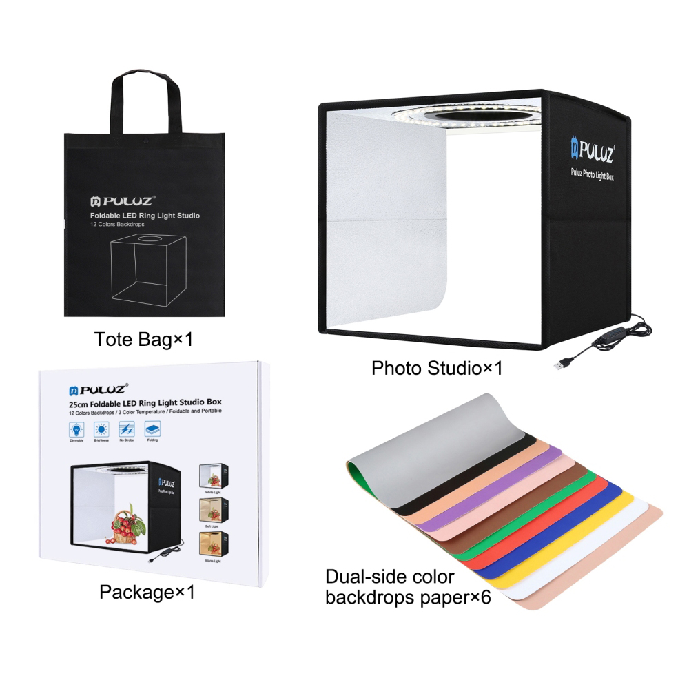Puluz Mini caja de estudio fotográfico portátil Kit de anillo LED 3 modos de luz Softbox con fondos de 6/12 colores,Caja de luz de fotografía plegable de 25 cm / 30 cm / 40 cm, caja de tiro para fotos